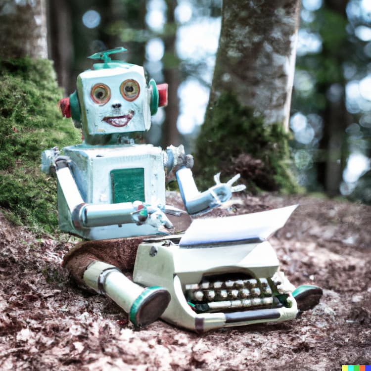 Guitig robotje die lekker in het bos aan het schrijven is.